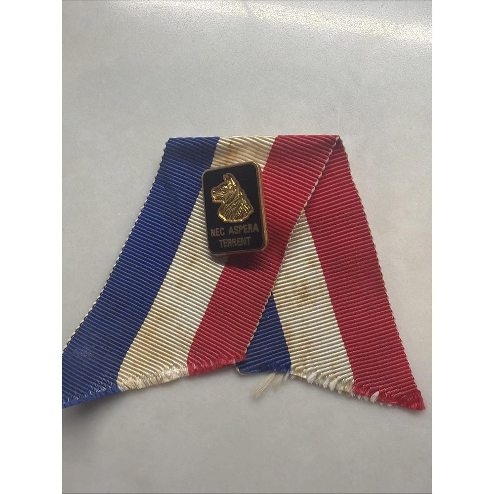 VTG Nec Aspera Terrent Heraldic Boar Pin Red White Blue Ribbon Military Style